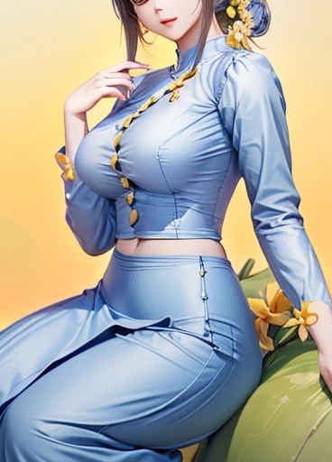 photorealistic, high resolution, masterpiec e best quality ultra-detailed, 1women. (m edium breast), hair bun, jesmine flower o n the head, mature female, solo, hips up, (wearing acmmsayarma outfit, acmmsaya rma blue top with buttons, long sleeves), ((acmmsayarma yellow long skirt)  dress 