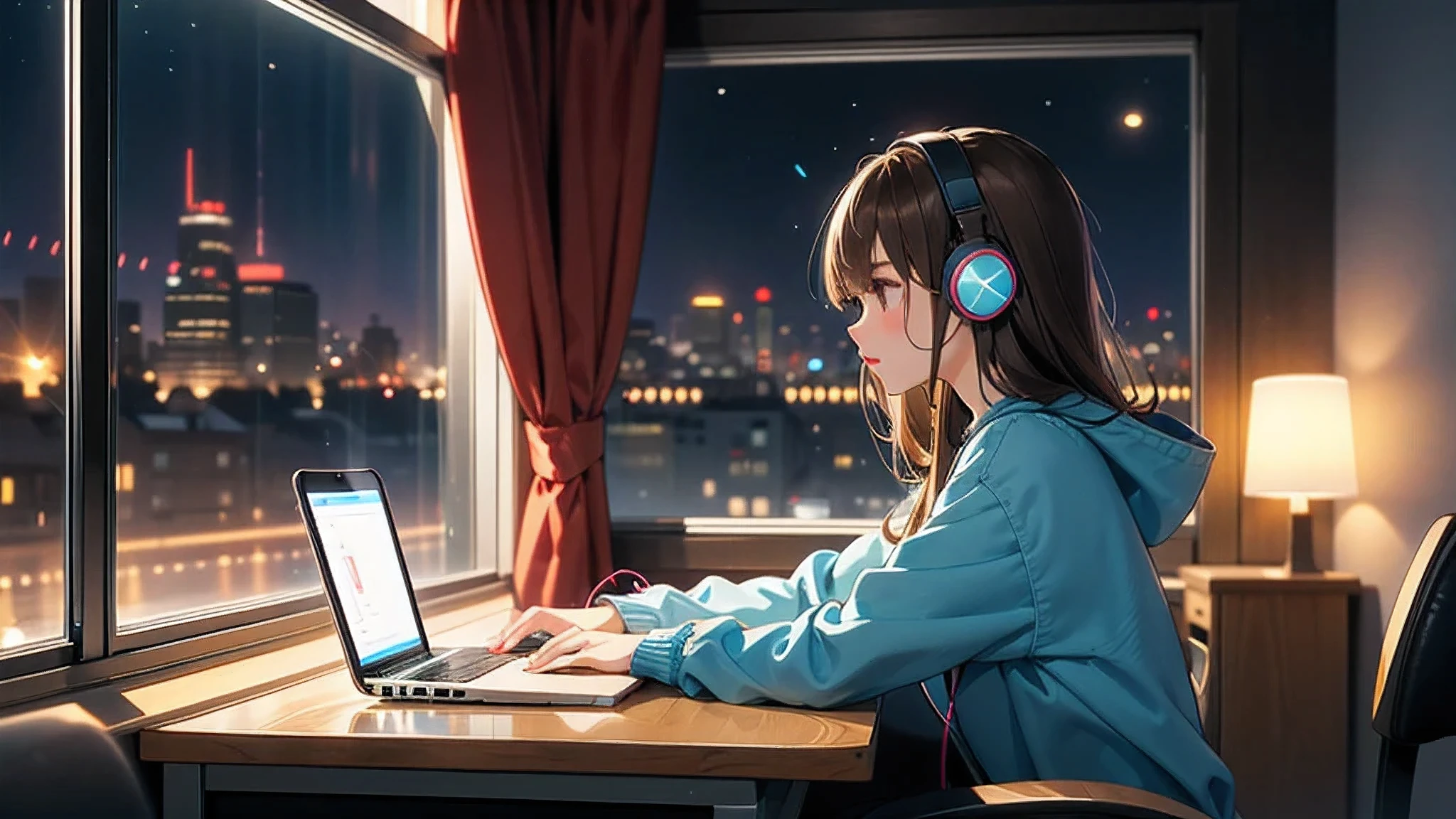 room with large windows, Outside the window is a city at night, A girl with brown hair and black eyes, headphone, Using laptop at desk, side view