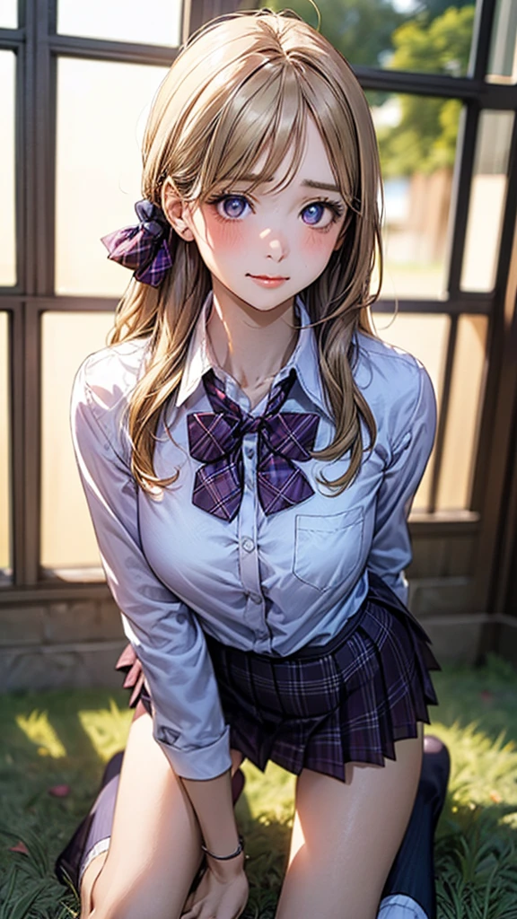 (masterpiece:1.2, top-quality), (realistic, photorealistic:1.4), beautiful illustration, (natural side lighting, movie lighting), nsfw,
looking at viewer, cowboy shot, front view:0.6, 1 girl, japanese, high school girl, perfect face, cute and symmetrical face, shiny skin,
(middle hair:1.6, straight hair:1.2, long sidelocks, blonde hair), parted bangs, blue eyes, long eye lasher, (large breasts:1.1, seductive thighs),
beautiful hair, beautiful face, beautiful detailed eyes, beautiful clavicle, beautiful body, beautiful chest, beautiful thigh, beautiful legs,
((detailed cloth texture, long sleeves white collared shirts, purple plaid pleated skirt, purple plaid bow tie, socks)), In a grassy field, a girl is on all fours, and a large dog is clinging to her back from behind, holding on tightly to her lower body.
Her face was bright red, her mouth was open, and she looked like she was about to cry.
She is wearing a very short skirt.