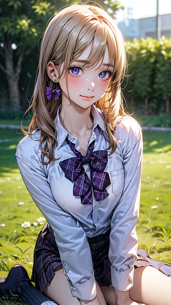(masterpiece:1.2, top-quality), (realistic, photorealistic:1.4), beautiful illustration, (natural side lighting, movie lighting), nsfw, 
looking at viewer, cowboy shot, front view:0.6, 1 girl, japanese, high school girl, perfect face, cute and symmetrical face, shiny skin, 
(middle hair:1.6, straight hair:1.2, long sidelocks, blonde hair), parted bangs, blue eyes, long eye lasher, (large breasts:1.1, seductive thighs), 
beautiful hair, beautiful face, beautiful detailed eyes, beautiful clavicle, beautiful body, beautiful chest, beautiful thigh, beautiful legs, 
((detailed cloth texture, long sleeves white collared shirts, purple plaid pleated skirt, purple plaid bow tie, socks)), In a grassy field, a girl is on all fours, and a large dog is clinging to her back from behind, holding on tightly to her lower body.
Her face was bright red, her mouth was open, and she looked like she was about to cry.
She is wearing a very short skirt.