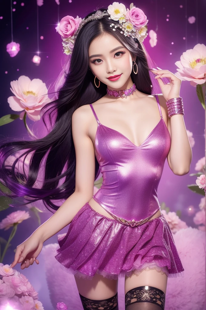 sexy Thai model who controls poison、beautiful smile、lip-gloss、bold lipstick、long lashes、drama makeup、look at the camera、full body Esbian、、sparkling poisoned flower costume、、、、sparkling Colorful hair、secrete poison、skull hair accessories、sexy tights、shiny sparkling flowers background