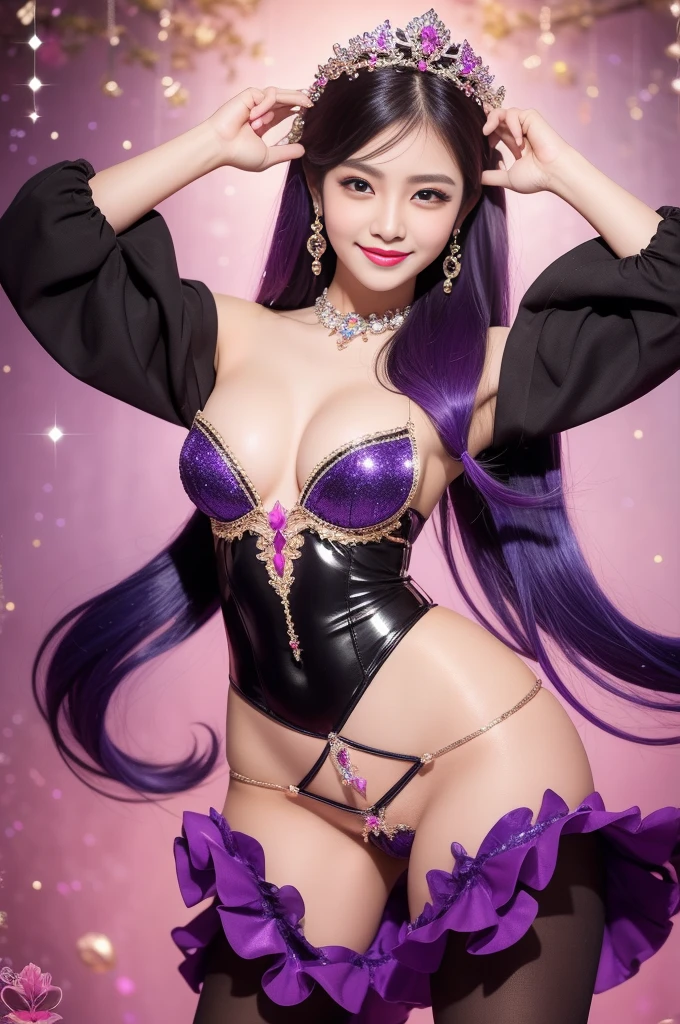 sexy Thai model who controls poison、beautiful smile、lip-gloss、bold lipstick、long lashes、drama makeup、look at the camera、full body Esbian、、sparkling poisoned flower costume、、、、sparkling Colorful hair、secrete poison、skull hair accessories、sexy tights、shiny sparkling flowers background