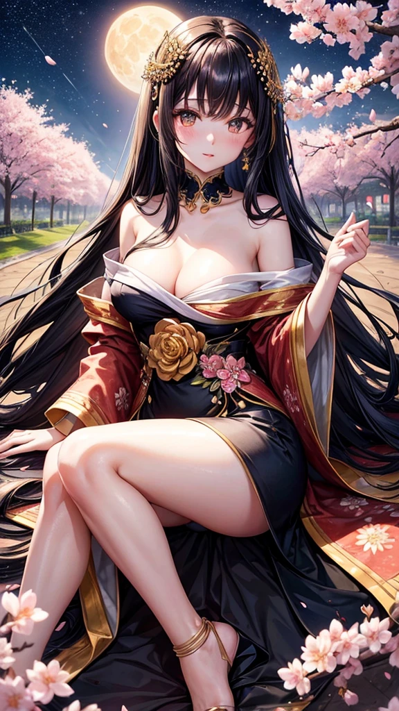 Long black hair in soft waves. Young and beautiful woman. caramel eyes, Large and expressive, long eyelashes, small nose, Red lips, blushing cheeks, She wears a bouquet of cherry blossoms on the left side of her hair., long bangs framing her face, well proportioned body, wear a beautiful long oriental style dress, background in the dark sky full of bright stars, a large cherry blossom tree on the right side and a bright white full moon on the left