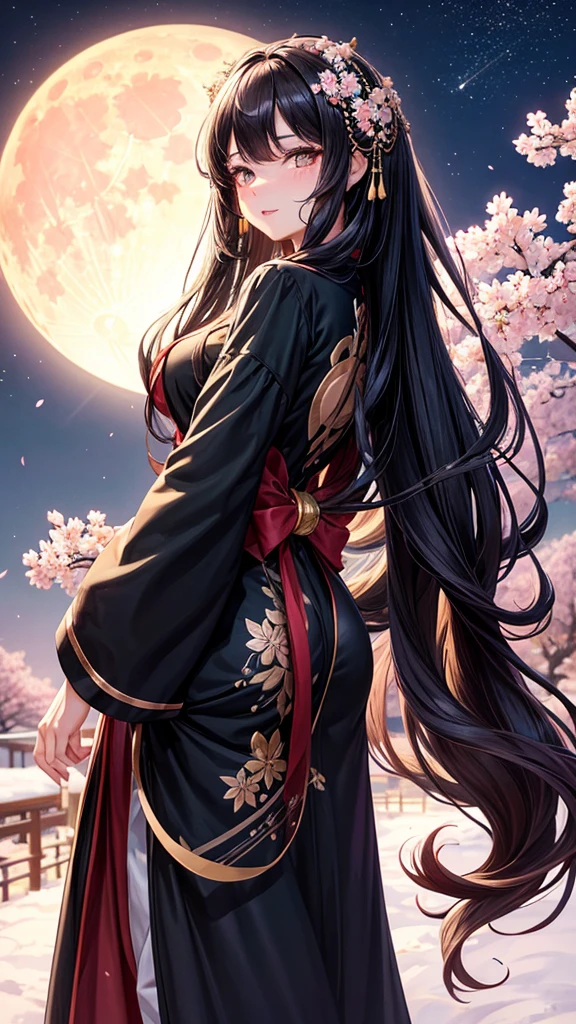 Long black hair in soft waves. Young and beautiful woman. caramel eyes, Large and expressive, long eyelashes, small nose, Red lips, blushing cheeks, She wears a bouquet of cherry blossoms on the left side of her hair., long bangs framing her face, well proportioned body, wear a beautiful long oriental style dress, background in the dark sky full of bright stars, a large cherry blossom tree on the right side and a bright white full moon on the left 