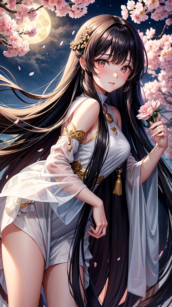 Long black hair in soft waves. Young and beautiful woman. caramel eyes, Large and expressive, long eyelashes, small nose, Red lips, blushing cheeks, She wears a bouquet of cherry blossoms on the left side of her hair., long bangs framing her face, well proportioned body, wear a beautiful long oriental style dress, background in the dark sky full of bright stars, a large cherry blossom tree on the right side and a bright white full moon on the left 