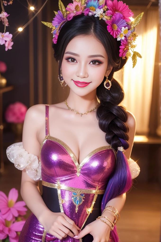 ((top-quality、masutepiece、8K、Top image quality、Highly complex and detailed depictions))、(Japan'the most gorgeous whore goddess:1.1)、((The most gorgeous prostitution goddess huge costume、The most vivid and luxurious costume Iglon costume、The unimaginably luxurious goddess room、Glittering purple and pink room、purple and pink interior、The most luxurious purple and pink room、purple and pink gems、A night in a glittering room decorated with plenty of jewelry、Very complex decoration、A very transparent goddess room))、(View me、Bewitching smile、Perfect makeup、long eyelashes、lipsticks、Pink eyeshadows、perfect anatomia、Biggest smile)