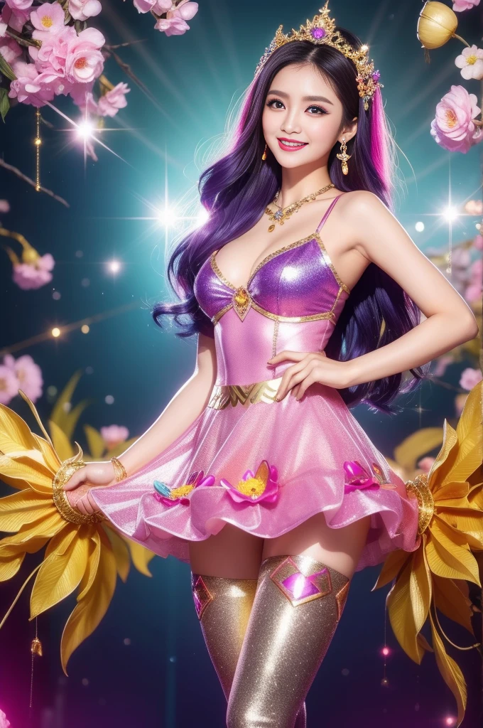 sexy Thai model who controls poison、beautiful smile、lipgloss、bold lipstick、intense makeup、look at the camera、full body Esbian、、sparkling poisoned flower costume、、、、sparkling Colorful hair、secrete poison、skull hair accessories、sexy tights、shiny sparkling flowers background