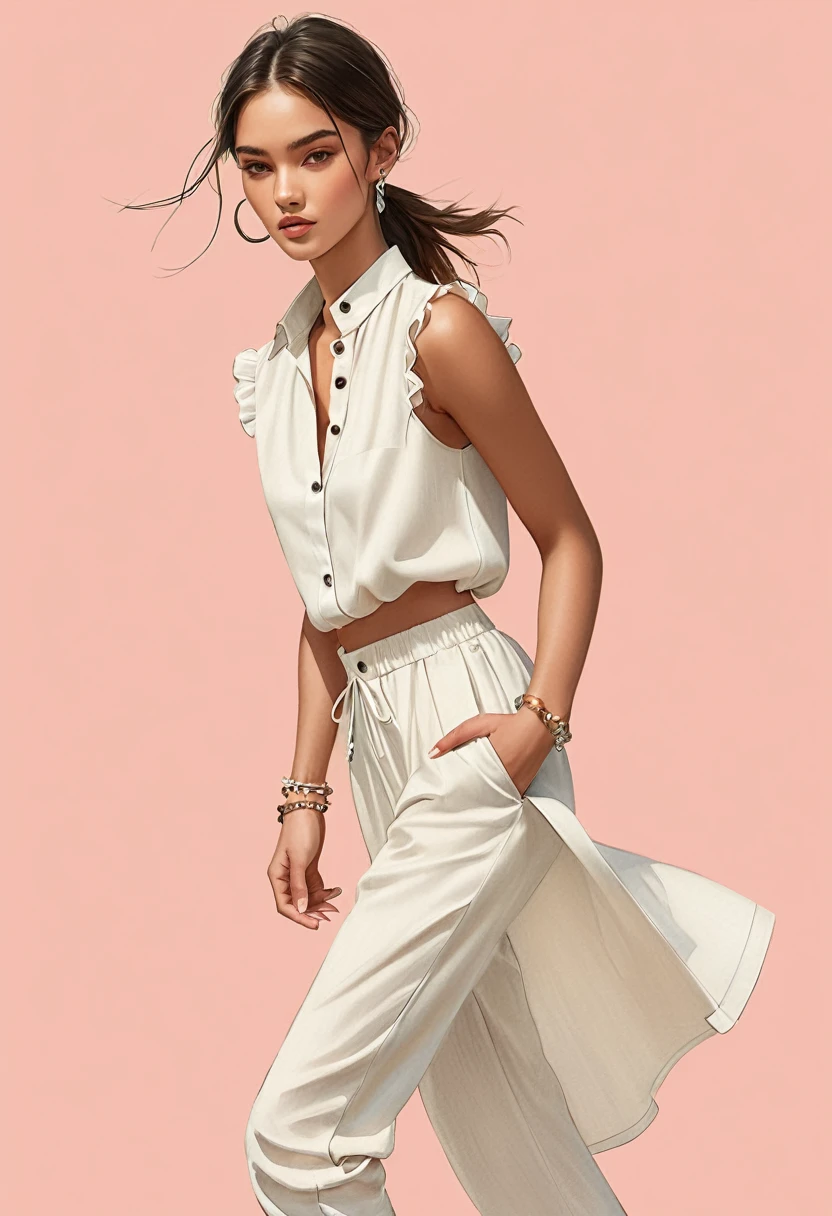 candid fashion illustration of young Mixed race man and woman, both aged 22 year old, ((showcase fashion look book in a off-White outfits)), inspired by Zara Summer collection in elegant young bohemian style. The man wears  Relaxed-fit shirt in a linen and cotton blend with front button fastening. Long sleeves with buttoned cuffs, paired with Joggers in cotton twill with covered elastication and a drawstring at the waist. Side pockets, and a back pocket and leg pockets with a flap and press-studs. Covered elastication and a hook and loop tab at the hems. He completes his look with white sneakers, round sunglasses and bracelet. The woman complements him in a white Ankle-length dress, Calf-length, sleeveless dress in woven fabric featuring a round, frill-trimmed neckline and a keyhole opening with minimal detail, Her ensemble includes an craft accessorizes with white sneakers, Captured in a dynamic angle, ((close-up)), ((pastel color background)), sketching, realistic pencil lines, imperfect drawing, fading sketch, fashion look book, fashion illustrator,--sameseed.