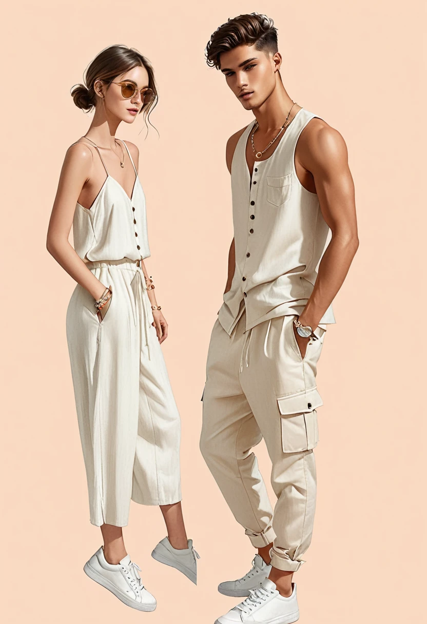 candid fashion illustration of young Mixed race man and woman, both aged 22 year old, ((showcase fashion look book in a off-White outfits)), inspired by Zara Summer collection in elegant young bohemian style. The man wears  Relaxed-fit shirt in a linen and cotton blend with front button fastening. Long sleeves with buttoned cuffs, paired with Joggers in cotton twill with covered elastication and a drawstring at the waist. Side pockets, and a back pocket and leg pockets with a flap and press-studs. Covered elastication and a hook and loop tab at the hems. He completes his look with white sneakers, round sunglasses and bracelet. The woman complements him in a white Ankle-length dress, Calf-length, sleeveless dress in woven fabric featuring a round, frill-trimmed neckline and a keyhole opening with minimal detail, Her ensemble includes an craft accessorizes with white sneakers, Captured in a dynamic angle, ((close-up)), ((pastel color background)), sketching, realistic pencil lines, imperfect drawing, fading sketch, fashion look book, fashion illustrator,--sameseed.