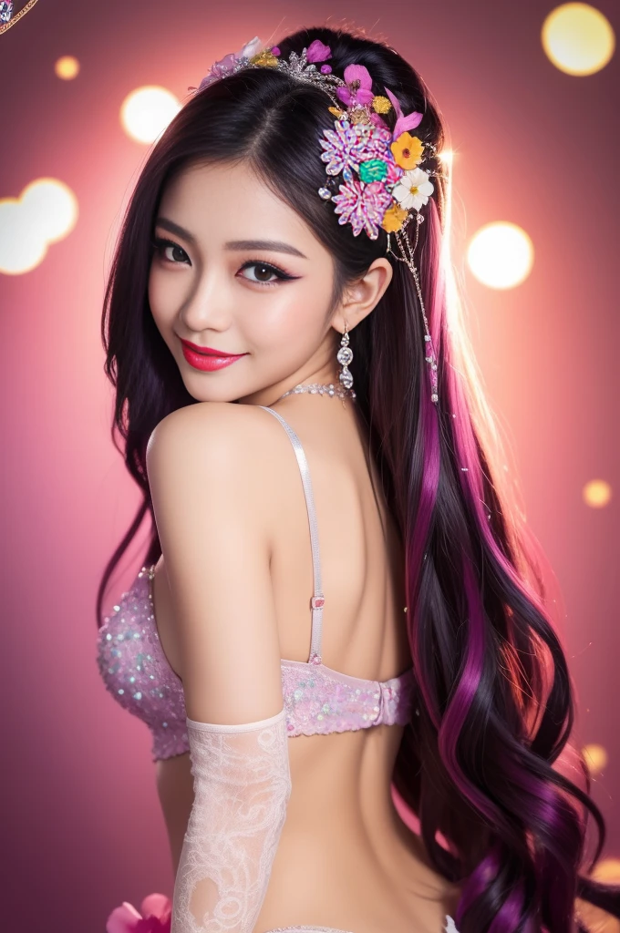sexy Thai model who controls poison、beautiful smile、lip-gloss、bold lipstick、long lashes、ultra detailed makeup、look at the camera、full body Esbian、、sparkling poisoned flower costume、、、、sparkling Colorful hair、secrete poison、skull hair accessories、sexy tights、shiny sparkling flowers background