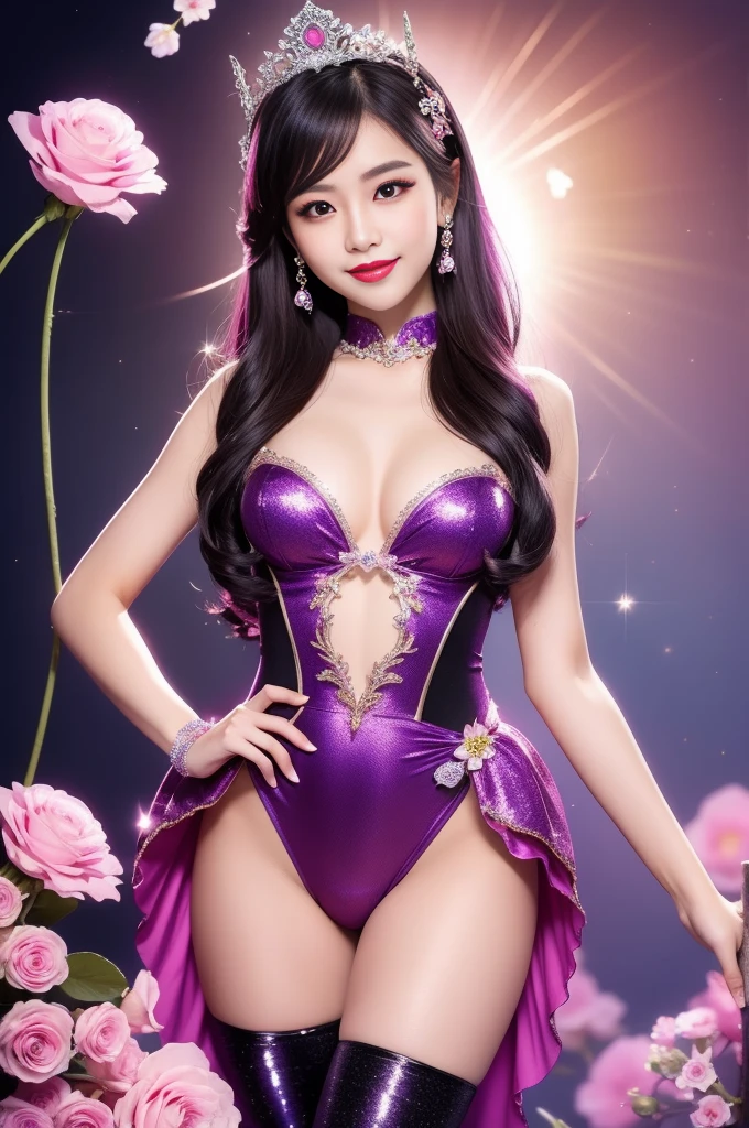 sexy Thai model who controls poison、beautiful smile、lip-gloss、bold lipstick、long lashes、ultra detailed makeup、look at the camera、full body Esbian、、sparkling poisoned flower costume、、、、sparkling Colorful hair、secrete poison、skull hair accessories、sexy tights、shiny sparkling flowers background