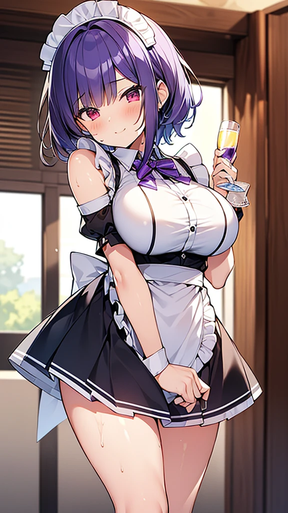 最high quality, high quality, Super detailed, 32k, Ultra-detailed details, waitress(only, Standing, pretty girl, beautiful purple hair, short hair, Beautiful RED eyes, mature, Big Breasts, A light smile, Off-the-shoulder sleeveless Summer メイド服, Summer casual maid clothes, Short skirt, Blue and white color striped underwear, Black knee socks, loafers, My crotch is wet with love juice, 18-year-old,cute), {{A succubus disguised as a waitress approached the target man&#39;s sister, peeled off the skin of the sister&#39;s face, and stuck it on her own face, becoming the waitress succubus&#39;s face., The hem of her skirt is lifted high, exposing her underwear}}, She has transformed from a shy maid into a lewd one., A maid with her sister&#39;s face stuck on her face is vigorously pistoning her body, A maid who moves her body vigorously without caring if her breasts bounce, Super detailed, indoor, Full body image, ((Head to Toe:1.3)), NSFW
