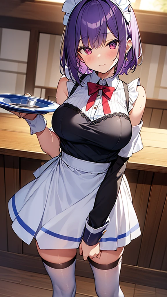 最high quality, high quality, Super detailed, 32k, Ultra-detailed details, waitress(only, Standing, pretty girl, beautiful purple hair, short hair, Beautiful RED eyes, mature, Big Breasts, A light smile, Off-the-shoulder sleeveless Summer メイド服, Summer casual maid clothes, Short skirt, Blue and white color ed underwear, Black knee socks, loafers, My crotch is wet with love juice, 18-year-old,cute), {{A succubus disguised as a waitress approached the target man&#39;s sister, peeled off the skin of the sister&#39;s face, and stuck it on her own face, becoming the waitress succubus&#39;s face., The hem of her skirt is lifted high, exposing her underwear}}, She has transformed from a shy maid into a lewd one., A maid with her sister&#39;s face stuck on her face is vigorously pistoning her body, A maid who moves her body vigorously without caring if her breasts bounce, Super detailed, indoor, Full body image, ((Head to Toe:1.3)), NSFW