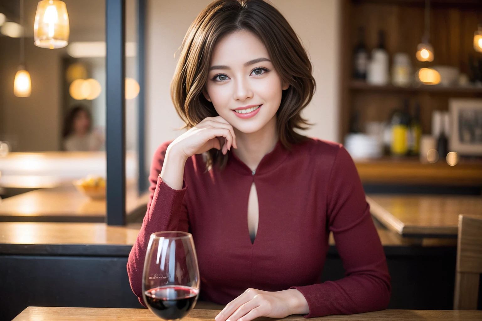 ((Highest quality、8K、masterpiece:1.3))、slimカップル、modelカップル、(Realistic, Intricate details:1.2), full-course dinner、Wine Party、Amazing view of the sunset sky and clouds、A bright smile、The wonderfulness of smile、Bright image、The beauty of wine, Beautiful Face, blue eyes, The light shines on your face, Blushing, short hair,Bright Face、42 years old), 39 years old, red wine 、Appetizers、Italian food、Wine bottle、Champagne、sparkling wine、Two beauties、Brown Hair、Shortcuts、Long sleeve shirt、dress、Beautiful woman 1, (slimな顔), (The body is slim), (Brown Hair), (Shortcuts), cheeks turn a little red,Attractive beauty、restaurant, In a prominent place (From the waist up) Nova Frog Style, actress, model, Upper Body, White wine, slim, wine glass, 中央に置かれたwine glass, smile, (smile: 1.15), Beautiful fine grain, Depth f/2,saturation, High Contrast, Strong light and shadow,Moist Body:1.5、3D texture、Delicate eyes、Brown Hair、The hair is very shiny、