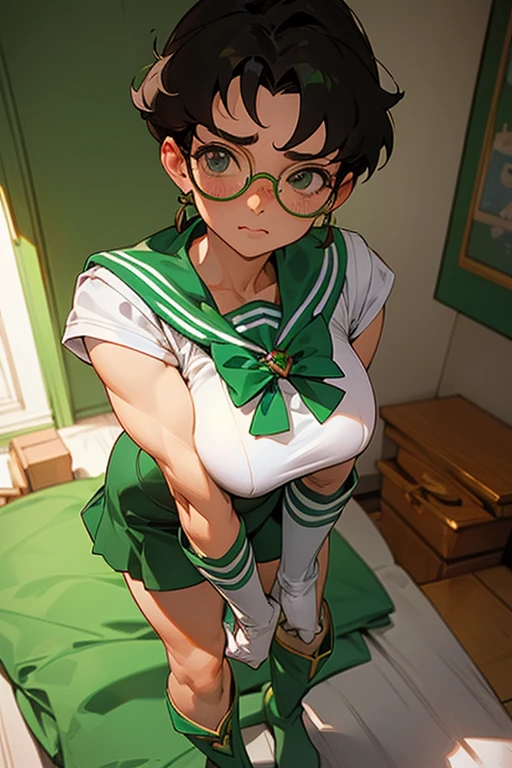 A freckled, black-haired, spectacled, muscular mature woman dressed as Sailor Jupiter is wearing green boots and white gloves in her room, posing for air with a shy look on her face.