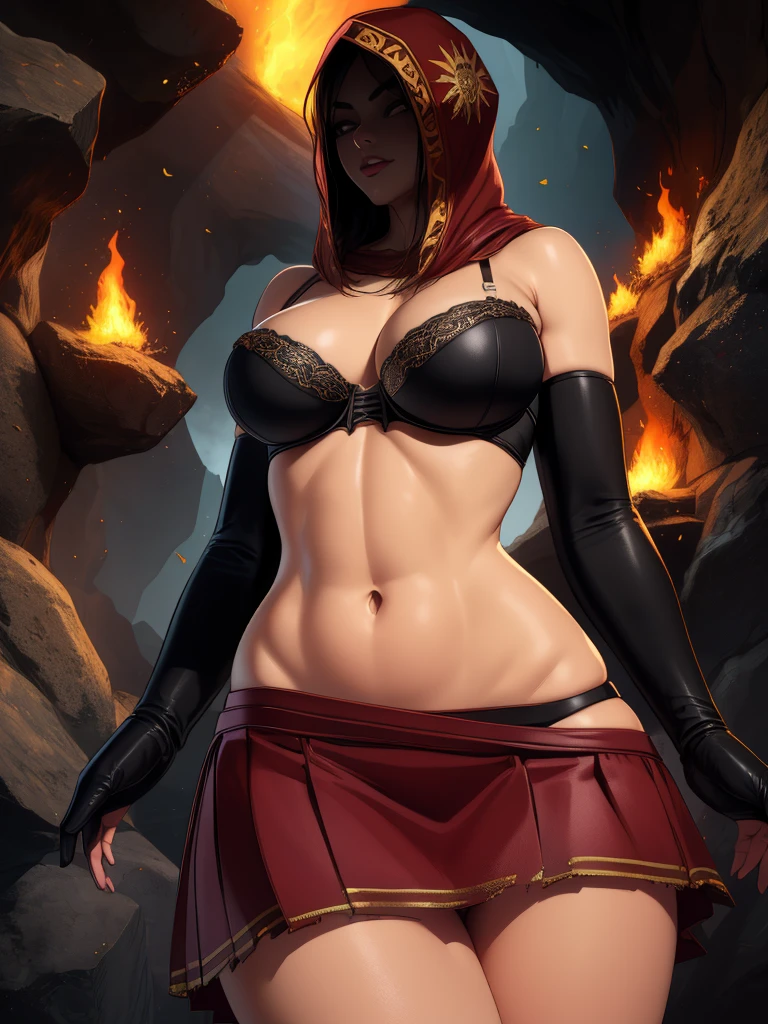 Dsorceress, shadowy face,dark cave, fire, hood, shadowed face, strapless bra, slim and athletic body, miniskirt, no panty, elbow gloves, dark skin, 1 girl (insanely detailed, masterpiece, best quality)