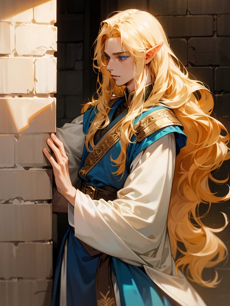 Male elf, noble, he has long wavy golden hair, blue eyes, and fair skin. Sexual harassment by a handsome soldier in a dark alley.