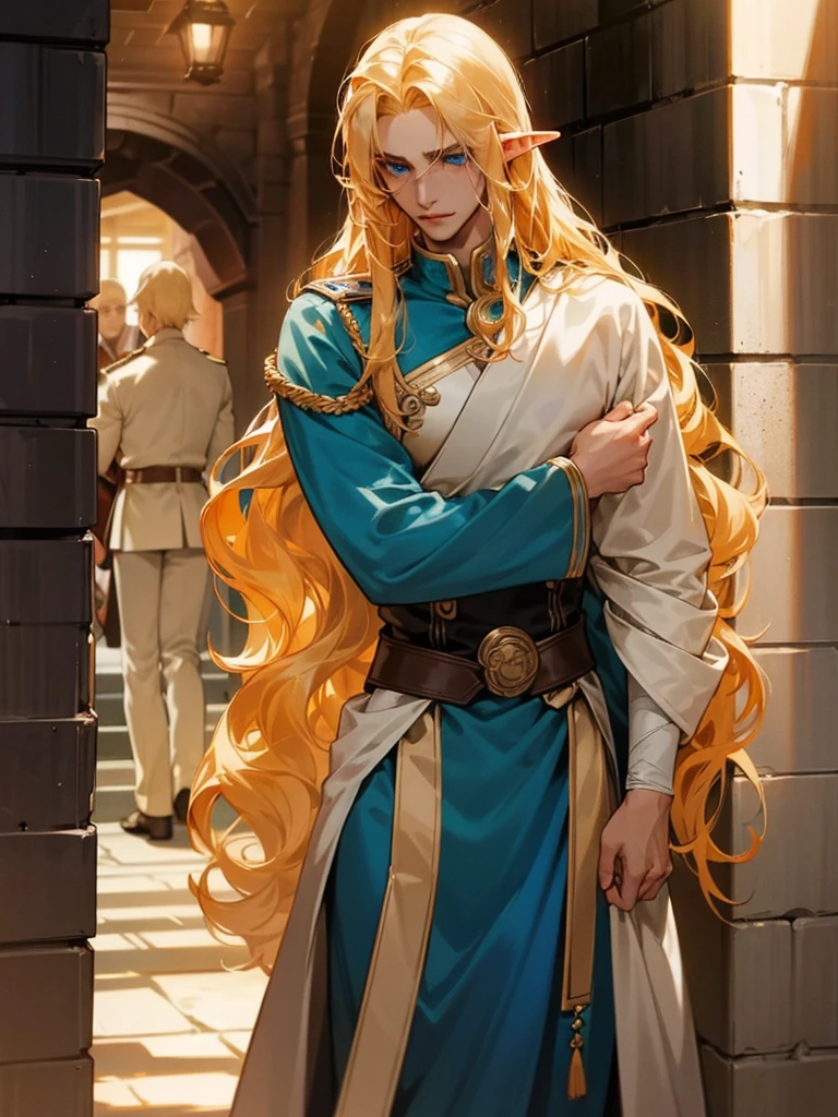 Male elf, noble, he has long wavy golden hair, blue eyes, and fair skin. Sexual harassment by a handsome soldier in a dark alley.