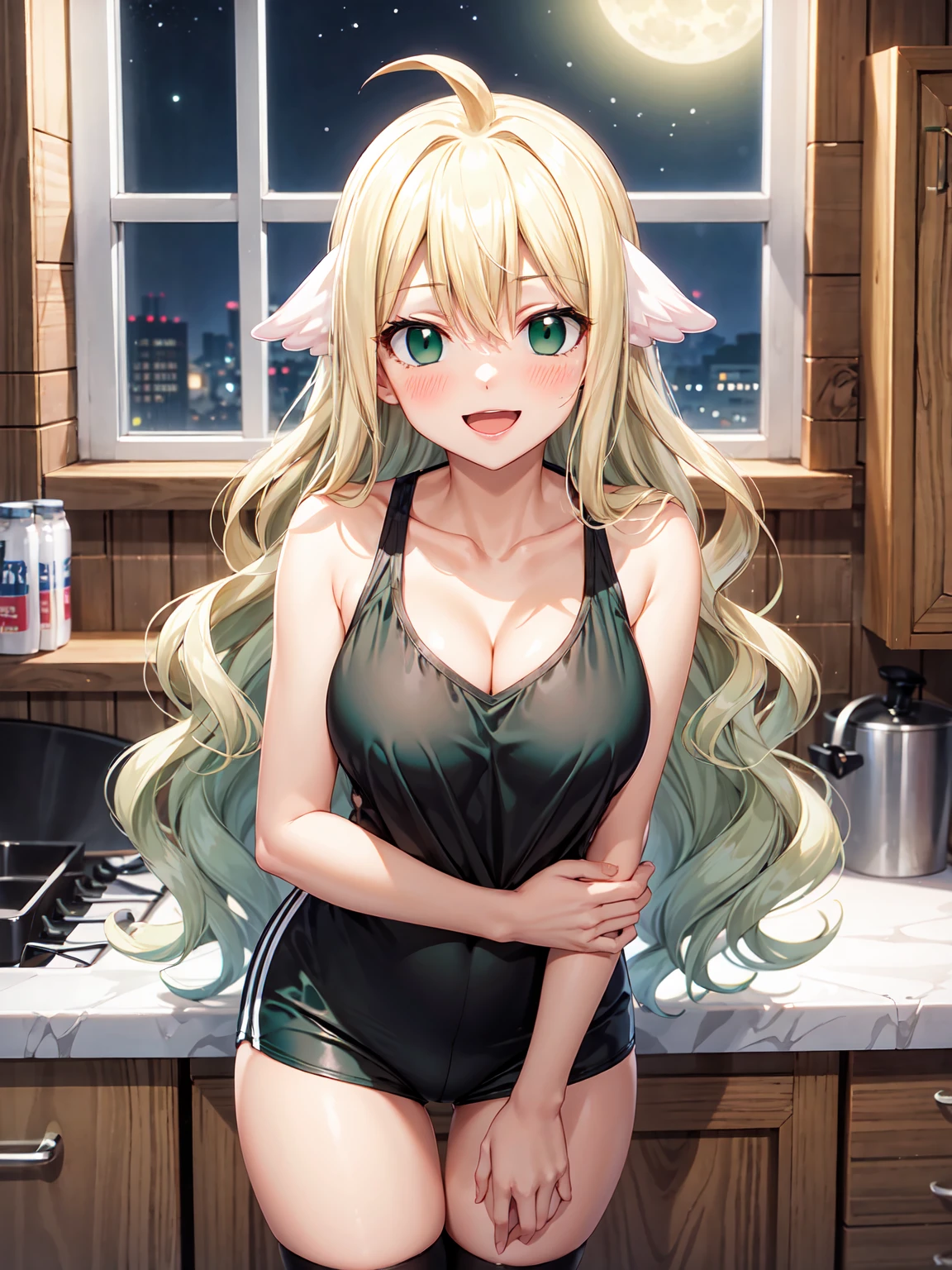 Masterpiece ,best quality , high resolution , (1 girl solo:1.38) , (mavis, long hair, blonde hair, (green eyes:1.5), ahoge, wavy hair) , (cleavage:1.2) , (medium breast:1.28) , (wear sport top tank , micro_short , stockings ) , (cleavage:1.15) , (big breast:1.1) , (face view , pov , look at view) , (indoor, in kitchen , night , moonlight , windows ) , (leaning forward:1.3) , (standing , thighs ) , (cowboy_shot) , ( smile , open mouth , full face blush , shy )
