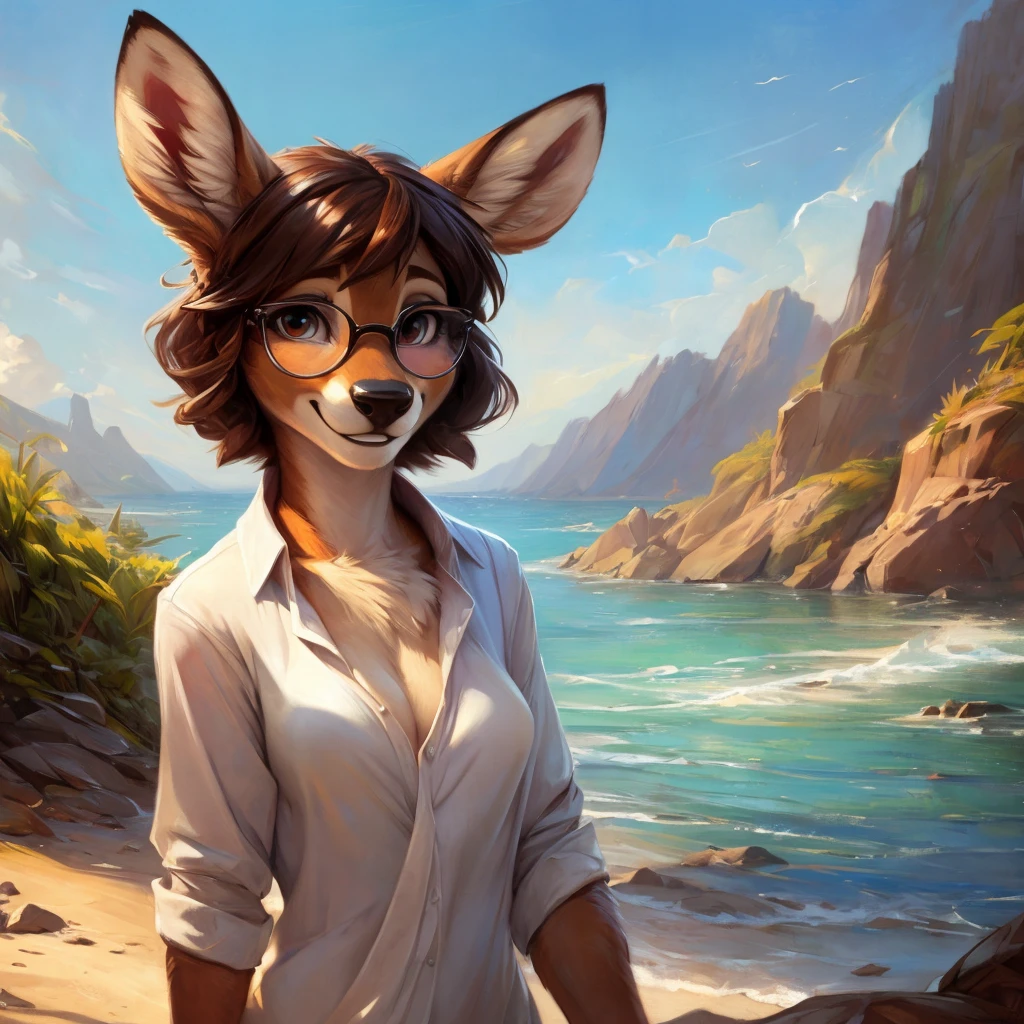 uploaded on e621, by Pixelsketcher, by Bayard Wu, by Thomas Benjamin Kennington , by Einshelm, by hioshiru and kenket, Chunie, portrait, solo anthro female deer doe, with small featureless breasts, clear dark blue, cinematic lighting, day, sunny day, beach, stays in the sea, sea background, mediterranean background, horizon background, shiny, short curly dark brown hair, wears big black nerd glasses, very very beautiful furry art, furry art, smiling, joyful, shiny, happy, feminine, cute face, muzzle, fluffy chest, flawless face, Fallow deer, 1girl, Sakimichan is beautiful, Masterpiece, Wavethesallow Face, shiny, Detailed image, portrait, Detailed image, portrait, full body, wearing wide, long, white blouse, shiny, realistic face, perfect anatomy, hourglass body, (furry body:1.1), anthropomorphic deer, small fluffy tail, detailed background, (cute anatomy:1.1), windy, smiling, very happy, happy