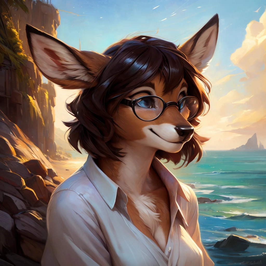 uploaded on e621, by Pixelsketcher, by Bayard Wu, by Thomas Benjamin Kennington , by Einshelm, by hioshiru and kenket, Chunie, portrait, solo anthro female deer doe, with small featureless breasts, clear dark blue, cinematic lighting, day, sunny day, beach, stays in the sea, sea background, mediterranean background, horizon background, shiny, short curly dark brown hair, wears big black nerd glasses, very very beautiful furry art, furry art, smiling, joyful, shiny, happy, feminine, cute face, muzzle, fluffy chest, flawless face, Fallow deer, 1girl, Sakimichan is beautiful, Masterpiece, Wavethesallow Face, shiny, Detailed image, portrait, Detailed image, portrait, full body, wearing wide, long, white blouse, shiny, realistic face, perfect anatomy, hourglass body, (furry body:1.1), anthropomorphic deer, small fluffy tail, detailed background, (cute anatomy:1.1), windy, smiling, very happy, happy