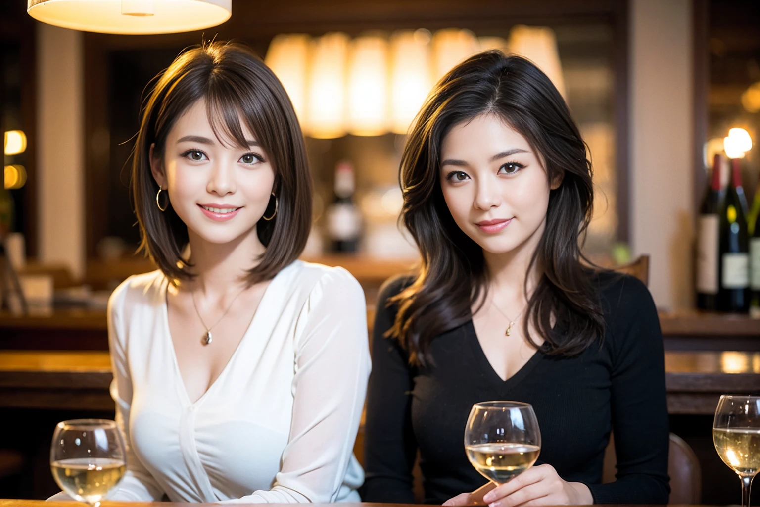 ((Highest quality、8K、masterpiece:1.3))、Yuuko Araki、slimカップル、ピンクmodelカップル、(Realistic, Intricate details:1.2), full-course dinner、Wine Party、Amazing view of the sunset sky and clouds、A bright smile、The wonderfulness of smile、Bright image、The beauty of wine, Beautiful Face, blue eyes, The light shines on your face, Blushing, short hair,Bright Face、42 years old,45 years old, red wine 、Appetizers、Italian food、Wine bottle、Champagne、sparkling wine、Two beauties、Brown Hair、Shortcuts、Long sleeve shirt、dress、Beautiful woman 1, (slimな顔), (The body is slim), (Brown Hair), (Shortcuts), cheeks turn a little red,Attractive beauty、restaurant, In a prominent place (From the waist up) Nova Frog Style, actress, model, Upper Body, White wine, slim, wine glass, 中央に置かれたwine glass, smile, (smile: 1.15), Beautiful fine grain, Depth f/2,saturation, High Contrast, Strong light and shadow,Moist Body:1.5、3D texture、Delicate eyes、Brown Hair、The hair is very shiny、