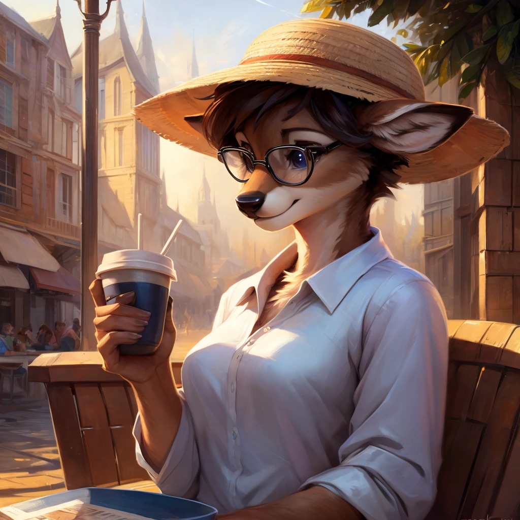 uploaded on e621, by Pixelsketcher, by Bayard Wu, by Thomas Benjamin Kennington , by Einshelm, by hioshiru and kenket, Chunie, portrait, solo anthro female deer doe, tiny featureless breasts, tiny breasts, clear dark blue, cinematic lighting, day, sunny day, sitting outside at a café, café background, french background, old french background, shiny, short curly dark brown hair, short hair, wears big black nerd glasses, very very beautiful furry art, furry art, thoughtful, shiny, feminine, cute face, muzzle, fluffy chest, flawless face, Fallow deer, 1girl, Sakimichan is beautiful, Masterpiece, Wavethesallow Face, shiny, Detailed image, portrait, Detailed image, portrait, wears pure white wide, big blouse, wears beige summer straw hat, shiny, realistic face, perfect anatomy, hourglass body, anthropomorphic deer, happy, very happy, small ears, huge black nerd glasses, wide happy eyes, look at viewer, smiles, big smile, holds big cup of coffee, hourglass body, (furry body:1.1), anthropomorphic deer, small fluffy tail, detailed background, (cute anatomy:1.1), looks into the distance
