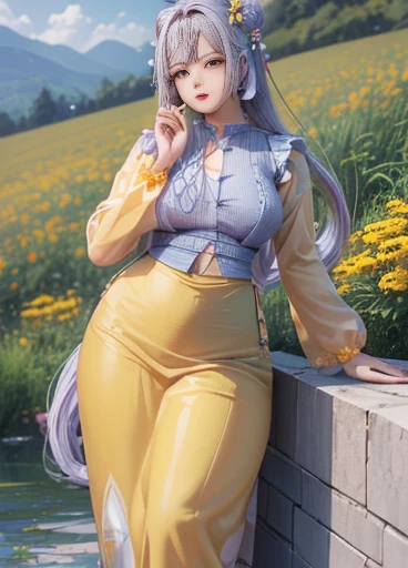 photorealistic, high resolution, masterpiec e best quality ultra-detailed, 1women. (m edium breast), hair bun, jesmine flower o n the head, mature female, solo, hips up, (wearing acmmsayarma outfit, acmmsaya rma blue top with buttons, long sleeves), ((acmmsayarma yellow long skirt)  dress 