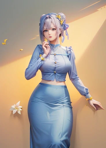 photorealistic, high resolution, masterpiec e best quality ultra-detailed, 1women. (m edium breast), hair bun, jesmine flower o n the head, mature female, solo, hips up, (wearing acmmsayarma outfit, acmmsaya rma blue top with buttons, long sleeves), ((acmmsayarma yellow long skirt)  dress 