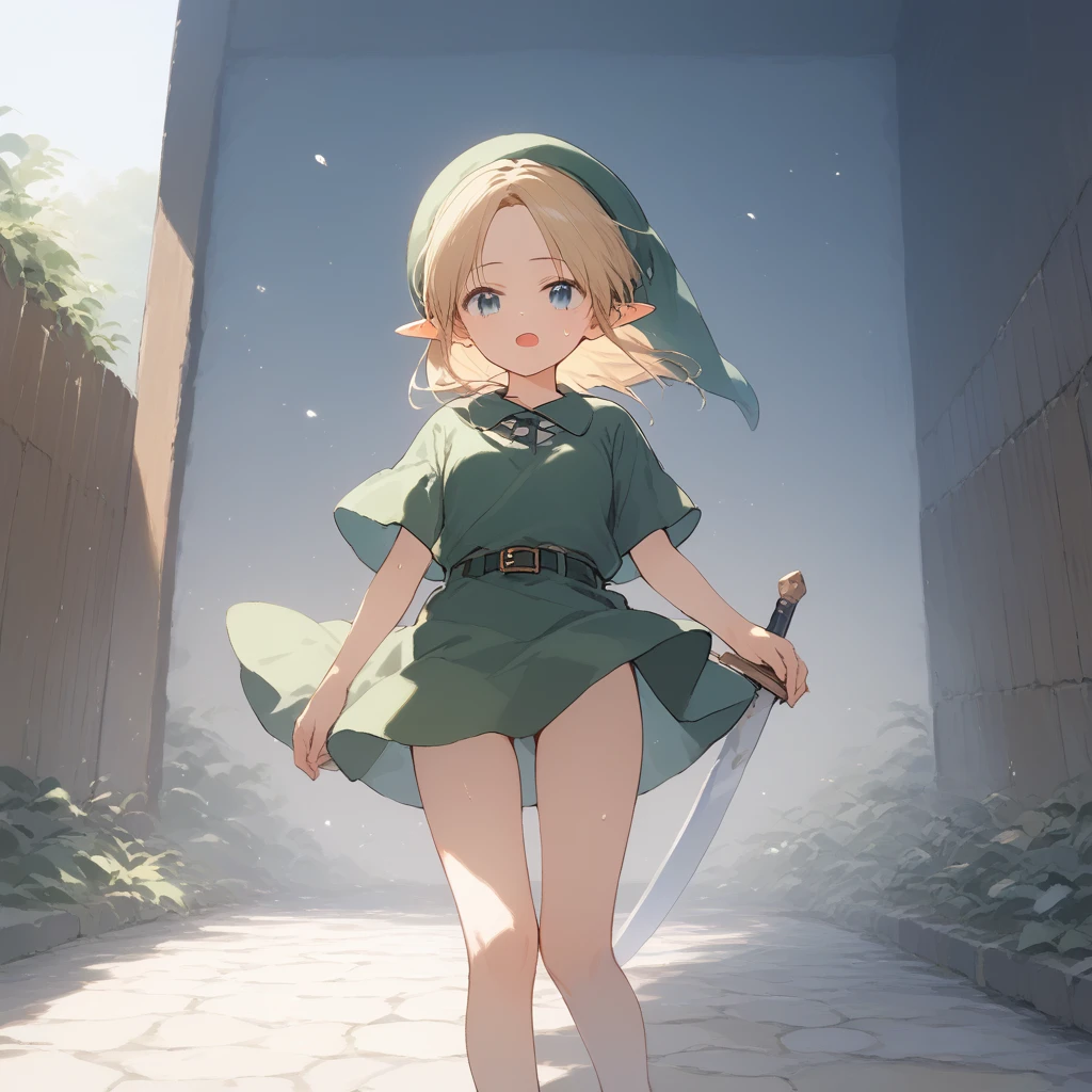 score_9, score_8_up, score_7_up, source_anime, best quality, masterpiece, official art, absurdres, highres, ultra-detailed,waifu2x,Collection: Slice of Life,break,1girl, YoungLink,-yeld, sl breasts, blonde hair, green tunic, pointy ears, hat, solo, blue eyes,green_headwear belt, sword, sweat, open mouth, sleepily, meadow, outdoors, wind,break,(clear line illustration:1.2), super detailed skin,very high resolution, very aesthetic, Best sexual lighting powered by famous artist, 8k,cute picture,beauty illustration,photoshop_(medium),,(Detailed Lighting),best anime 8k konachan wallpaper, pixiv contest winner, 