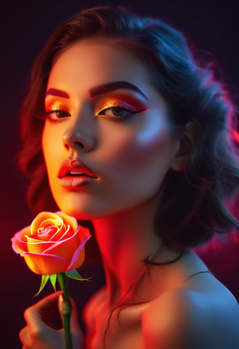 a woman with a neon rose on fire, flawless skin, whimsical photography style, photo captured by an Arriflex 35BL camera using Canon K25 prime lenses, cinematic, dramatic lighting, ultra clear, breathtaking surreal masterpiece. sensual pose