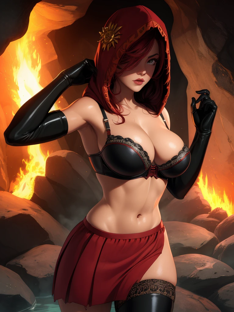 Dsorceress, redhair, shadowy face,dark cave, fire, hood, shadowed face, strapless bra, slim and athletic body, miniskirt, no panty, elbow gloves, dark skin, 1 girl (insanely detailed, masterpiece, best quality)