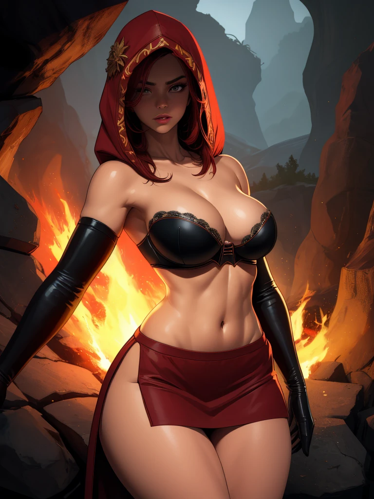 Dsorceress, redhair, shadowy face,dark cave, fire, hood, shadowed face, strapless bra, slim and athletic body, miniskirt, no panty, elbow gloves, dark skin, 1 girl (insanely detailed, masterpiece, best quality)