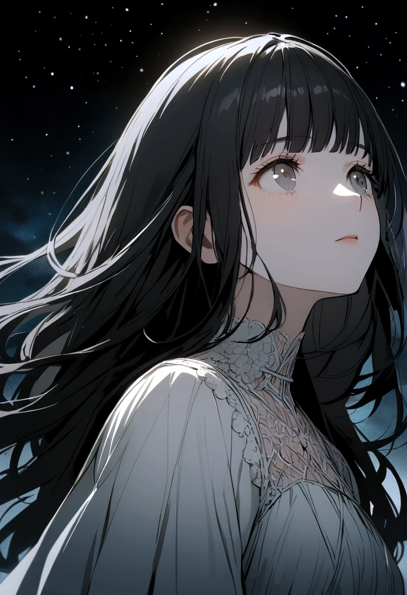 girl with long black hair with even and straight bangs, gray eyes, wearing a white dress, looking up at the starry sky