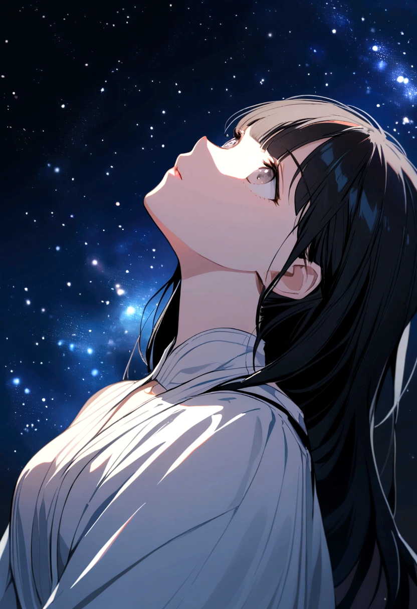 girl with long black hair with even and straight bangs, gray eyes, wearing a white dress, looking up at the starry sky
