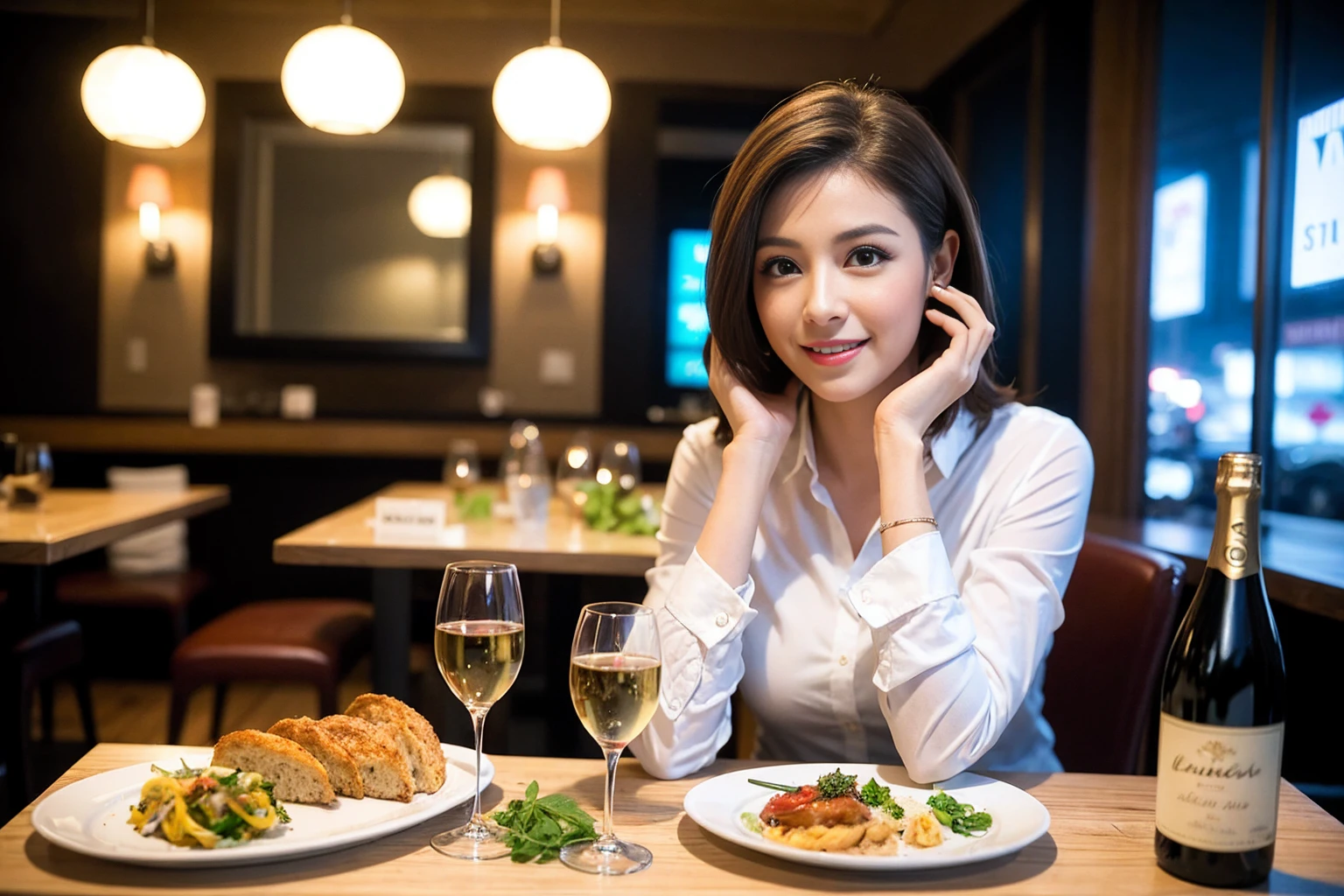 ((Highest quality、8K、masterpiece:1.3))、slimカップル、modelカップル、(Realistic, Intricate details:1.2), full-course dinner、Wine Party、Amazing view of the sunset sky and clouds、A bright smile、The wonderfulness of smile、Bright image、The beauty of wine, Beautiful Face, blue eyes, The light shines on your face, Blushing, short hair,Bright Face、42 years old), 39 years old, red wine 、Appetizers、Italian food、Wine bottle、Champagne、sparkling wine、Two beauties、Brown Hair、Shortcuts、Long sleeve shirt、dress、Beautiful woman 1, (slimな顔), (The body is slim), (Brown Hair), (Shortcuts), cheeks turn a little red,Attractive beauty、restaurant, In a prominent place (From the waist up) Nova Frog Style, actress, model, Upper Body, White wine, slim, wine glass, 中央に置かれたwine glass, smile, (smile: 1.15), Beautiful fine grain, Depth f/2,saturation, High Contrast, Strong light and shadow,Moist Body:1.5、3D texture、Delicate eyes、Brown Hair、The hair is very shiny、