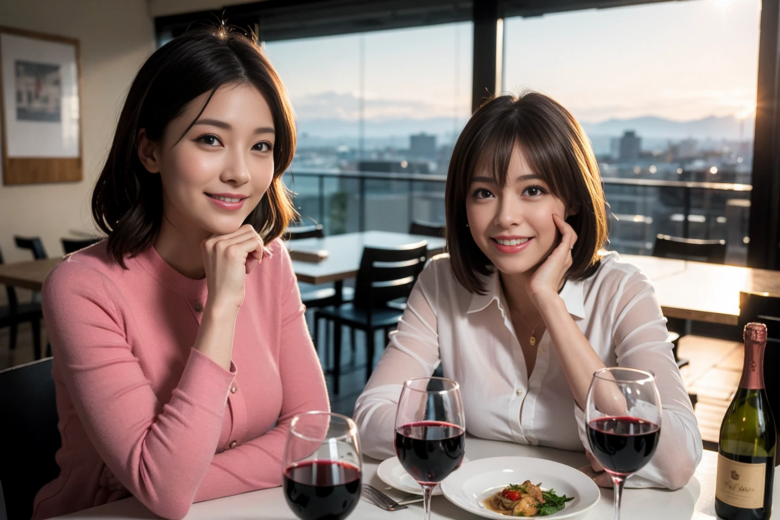 ((Highest quality、8K、masterpiece:1.3))、slimカップル、modelカップル、(Realistic, Intricate details:1.2), full-course dinner、Wine Party、Amazing view of the sunset sky and clouds、A bright smile、The wonderfulness of smile、Bright image、The beauty of wine, Beautiful Face, blue eyes, The light shines on your face, Blushing, short hair,Bright Face、42 years old), 39 years old, red wine 、Appetizers、Italian food、Wine bottle、Champagne、sparkling wine、Two beauties、Brown Hair、Shortcuts、Long sleeve shirt、dress、Beautiful woman 1, (slimな顔), (The body is slim), (Brown Hair), (Shortcuts), cheeks turn a little red,Attractive beauty、restaurant, In a prominent place (From the waist up) Nova Frog Style, actress, model, Upper Body, White wine, slim, wine glass, 中央に置かれたwine glass, smile, (smile: 1.15), Beautiful fine grain, Depth f/2,saturation, High Contrast, Strong light and shadow,Moist Body:1.5、3D texture、Delicate eyes、Brown Hair、The hair is very shiny、