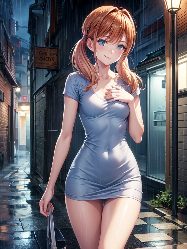 Girl, short tight dress , Bare breasts, chest visible, street background, openlegs, Narrow passage between houses, night, rain, slim body, In full growth, twin tail, You can see the ass