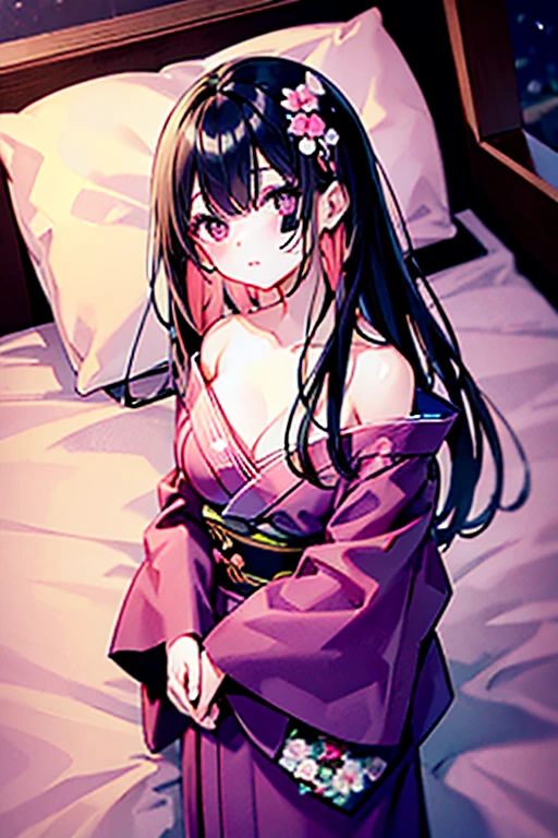 浴衣を着た大人のmalefemaleのカップル,美しい場所で愛し合う会うmalefemaleの二人,Black Hair_male,Black yukata_male,Straight Hair_male,Dark Chestnut Hair_female,Pale pink yukata_female,Floral Yukata_female,Flower Hair Ornaments_female,night,Lovers melt in bed,彼は彼femaleを抱きしめる