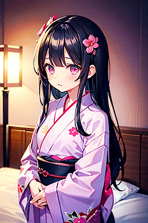 浴衣を着た大人のmalefemaleのカップル,美しい場所で愛し合う会うmalefemaleの二人,Black Hair_male,Black yukata_male,Straight Hair_male,Dark Chestnut Hair_female,Pale pink yukata_female,Floral Yukata_female,Flower Hair Ornaments_female,night,Lovers melt in bed,彼は彼femaleを抱きしめる