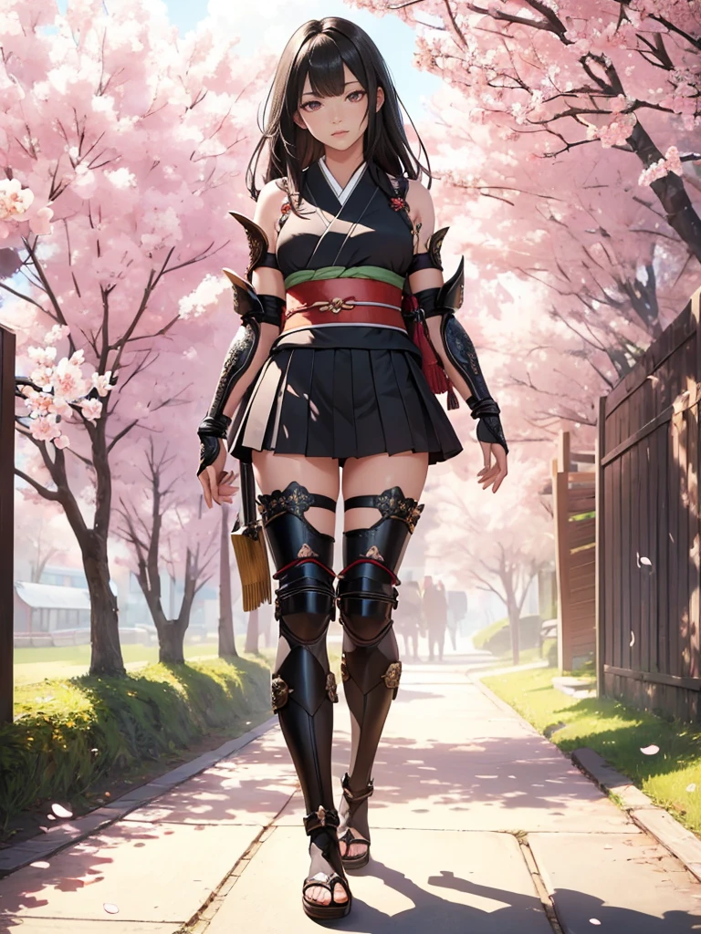 ((1girl, solo)), beautiful body, (perfect anatomy, perfect body, perfect hands, perfect legs), (five fingers:1.5), natural proportions, sexy body, large breasts, cowboy shot BREAK
((extremely detailed face)), (beautiful detailed eyes:1.6), (realistic pupils, realistic iris:1), expressive eyes, looking at viewer, (clear eyes:1.3), (hyperrealistic:1.2), (detailed skin texture:1.2), smooth skin, (black hair:1.5), (red eyes:1.3), long hair, (straight hair:1.5), blunt bangs, (detailed lips:1.2), (attractive lips:1.1), (glossy lips:1.1), (parted lips), perfect face, perfect eyes BREAK
Samurai, japanese clothes, (short kimono:1.5), (arm guard:1.5), ((micro mini skirt)), pleated skirt, black skirt, zettai ryouiki, thighs, black thighhighs, (greaves:1.3), skindentation, tassel, shimenawa BREAK
Outdoors, day, (spring:1.3), (((cherry blossoms))), nature, ((trees)), ((medieval fantasy)) BREAK
(masterpiece:1.5), anime-style, top quality, best quality, (beautiful and aesthetic:1.2), (ultra detail:1.5), Ultra-detailed depiction, Ultra-precise depiction, extremely detailed 8k illustration, high resolution, (highly detailed shading:1.2), (realistic lighting:1.4), perfect lighting, vibrant colors, dynamic tones, striking hues, 8k, absurd resolution, perfect shadows, hdr, UHD, ambient lighting, realistic, ultra-realistic, photo realistic, highly detailed, rich detail, luminous colors, fine texture, intricate design, professional illustration, (soft light:1.2), (illustration:0.7)