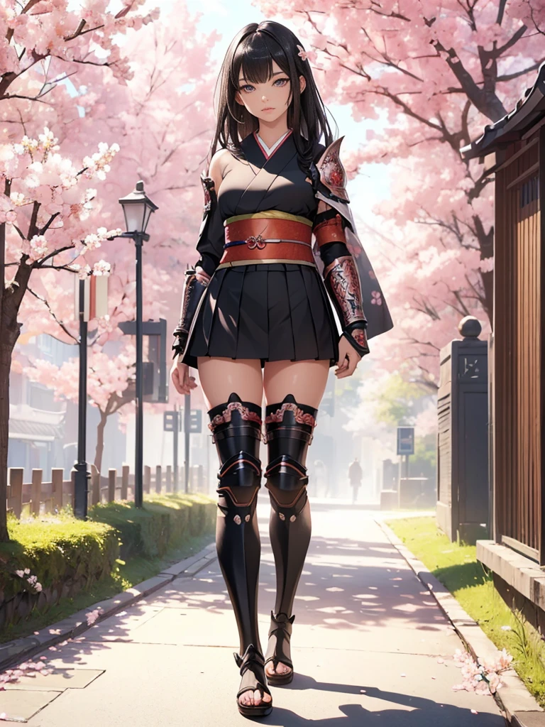 ((1girl, solo)), beautiful body, (perfect anatomy, perfect body, perfect hands, perfect legs), (five fingers:1.5), natural proportions, sexy body, large breasts, cowboy shot BREAK 

((extremely detailed face)), (beautiful detailed eyes:1.6), (realistic pupils, realistic iris:1), expressive eyes, looking at viewer, (clear eyes:1.3), (hyperrealistic:1.2), (detailed skin texture:1.2), smooth skin, (black hair:1.5), (red eyes:1.3), long hair, (straight hair:1.5), blunt bangs, (detailed lips:1.2), (attractive lips:1.1), (glossy lips:1.1), (parted lips), perfect face, perfect eyes BREAK

Samurai, japanese clothes, (short kimono:1.5), (arm guard:1.5), ((micro mini skirt)), pleated skirt, black skirt, zettai ryouiki, thighs, black thighhighs, (greaves:1.3), skindentation, tassel, shimenawa BREAK

Outdoors, day, (spring:1.3), (((cherry blossoms))), nature, ((trees)), ((medieval fantasy)) BREAK 

(masterpiece:1.5), anime-style, top quality, best quality, (beautiful and aesthetic:1.2), (ultra detail:1.5), Ultra-detailed depiction, Ultra-precise depiction, extremely detailed 8k illustration, high resolution, (highly detailed shading:1.2), (realistic lighting:1.4), perfect lighting, vibrant colors, dynamic tones, striking hues, 8k, absurd resolution, perfect shadows, hdr, UHD, ambient lighting, realistic, ultra-realistic, photo realistic, highly detailed, rich detail, luminous colors, fine texture, intricate design, professional illustration, (soft light:1.2), (illustration:0.7)