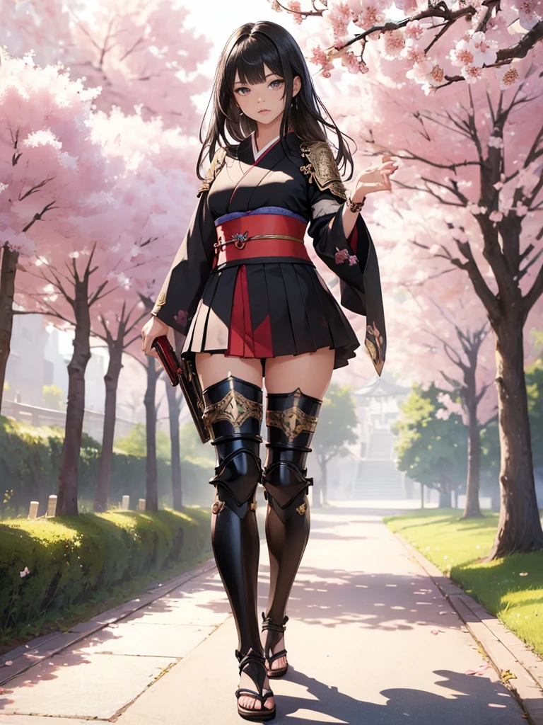 ((1girl, solo)), beautiful body, (perfect anatomy, perfect body, perfect hands, perfect legs), (five fingers:1.5), natural proportions, sexy body, large breasts, cowboy shot BREAK
((extremely detailed face)), (beautiful detailed eyes:1.6), (realistic pupils, realistic iris:1), expressive eyes, looking at viewer, (clear eyes:1.3), (hyperrealistic:1.2), (detailed skin texture:1.2), smooth skin, (black hair:1.5), (red eyes:1.3), long hair, (straight hair:1.5), blunt bangs, (detailed lips:1.2), (attractive lips:1.1), (glossy lips:1.1), (parted lips), perfect face, perfect eyes BREAK
Samurai, japanese clothes, (short kimono:1.5), (arm guard:1.5), ((micro mini skirt)), pleated skirt, black skirt, zettai ryouiki, thighs, black thighhighs, (greaves:1.3), skindentation, tassel, shimenawa BREAK
Outdoors, day, (spring:1.3), (((cherry blossoms))), nature, ((trees)), ((medieval fantasy)) BREAK
(masterpiece:1.5), anime-style, top quality, best quality, (beautiful and aesthetic:1.2), (ultra detail:1.5), Ultra-detailed depiction, Ultra-precise depiction, extremely detailed 8k illustration, high resolution, (highly detailed shading:1.2), (realistic lighting:1.4), perfect lighting, vibrant colors, dynamic tones, striking hues, 8k, absurd resolution, perfect shadows, hdr, UHD, ambient lighting, realistic, ultra-realistic, photo realistic, highly detailed, rich detail, luminous colors, fine texture, intricate design, professional illustration, (soft light:1.2), (illustration:0.7)
