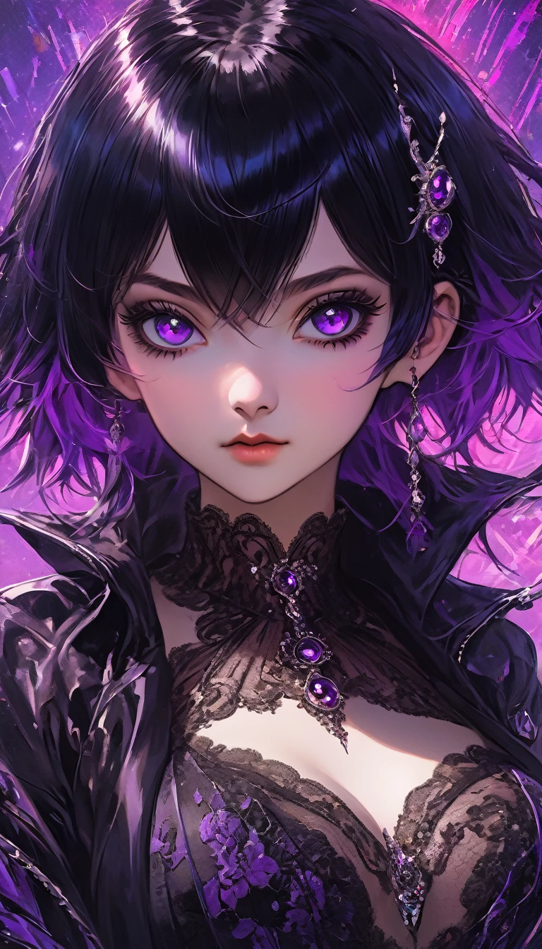 A beautiful anime girl with short,messy black hair featuring purple inner highlights,heterochromia eye,C-cup breasts,wearing a sleek black Russian mafia-inspired outfit,detailed facial features,dramatic lighting,cinematic angle,vibrant colors,intricate background,highly detailed,masterpiece,photorealistic