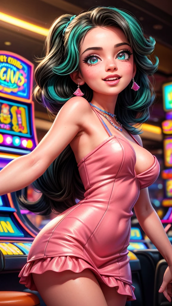 A girl winning big at the slot machines in a Las Vegas casino, surrounded by cheering patrons, elegant casino interior, colorful neon lights, detailed facial features, beautiful detailed eyes, beautiful detailed lips, extremely detailed face and skin, long eyelashes, stylish dress, ecstatic expression, dynamic pose, vibrant colors, cinematic lighting, photorealistic, 8k, high quality, masterpiece