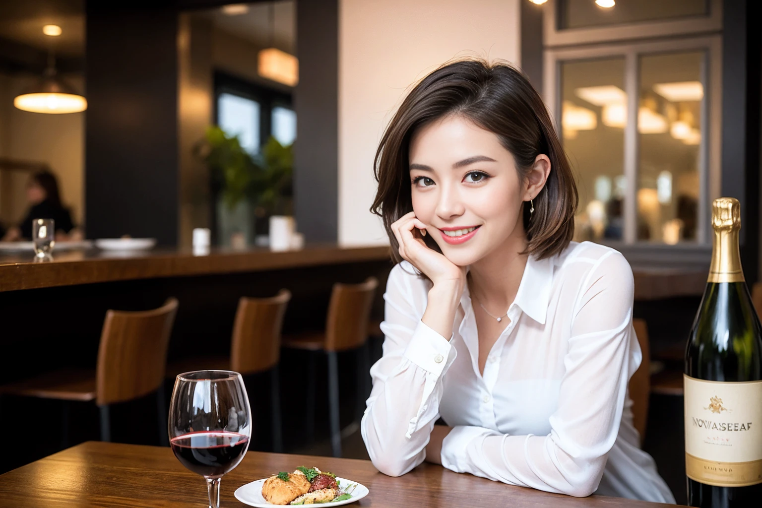 ((Highest quality、8K、masterpiece:1.3))、slimカップル、modelカップル、(Realistic, Intricate details:1.2), full-course dinner、Wine Party、Amazing view of the sunset sky and clouds、A bright smile、The wonderfulness of smile、Bright image、The beauty of wine, Beautiful Face, blue eyes, The light shines on your face, Blushing, short hair,Bright Face、 (Age 37), 39 years old, red wine 、Appetizers、Italian food、Wine bottle、Champagne、sparkling wine、Two beauties、Brown Hair、Shortcuts、Long sleeve shirt、dress、Beautiful woman 1, (slimな顔), (The body is slim), (Brown Hair), (Shortcuts), cheeks turn a little red,Attractive beauty、restaurant, In a prominent place (From the waist up) Nova Frog Style, actress, model, Upper Body, White wine, slim, wine glass, 中央に置かれたwine glass, smile, (smile: 1.15), Beautiful fine grain, Depth f/2,saturation, High Contrast, Strong light and shadow,Moist Body:1.5、3D texture、Delicate eyes、Brown Hair、The hair is very shiny、