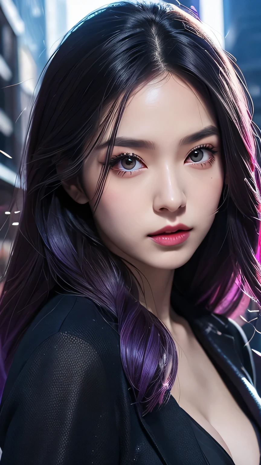 spider-woman, black suit, dangerous, beautiful eyes, violet hair, half body, masterpiece, ultra high details, Tokyo city 