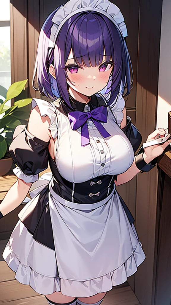 最high quality, high quality, Super detailed, 32k, Ultra-detailed details, {{The succubus maid has the face of my sister}}, (オンリー, Standing, pretty girl, beautiful purple hair, short hair, Beautiful RED eyes, mature, Big Breasts, A light smile, Off-the-shoulder sleeveless Summer cute maid outfit, Summer casual maid clothes, Short skirt, Blue and white color striped underwear, Black knee socks, loafers, She&#39;s holding 大きく up her skirt with both hands to show her underwear, 18-year-old,cute), A maid who moves her body vigorously without caring if her breasts bounce, Super detailed, indoor, maid Cafe, Full body image, ((Head to Toe:1.3)), NSFW