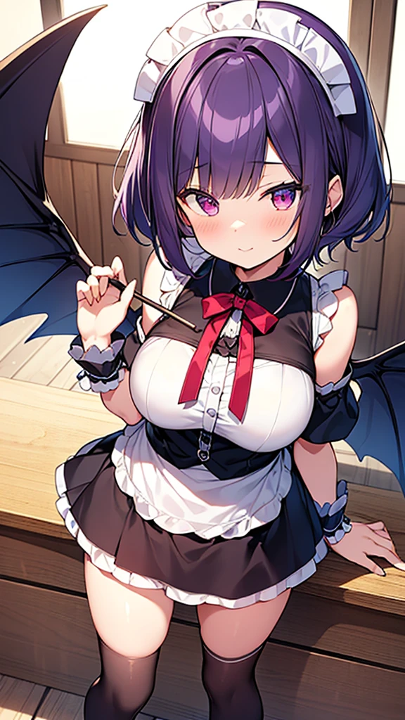 最high quality, high quality, Super detailed, 32k, Ultra-detailed details, {{The succubus maid has the face of my sister}}, (オンリー, Standing, pretty girl, beautiful purple hair, short hair, Beautiful RED eyes, mature, Big Breasts, A light smile, Off-the-shoulder sleeveless Summer cute maid outfit, Summer casual maid clothes, Short skirt, Blue and white color striped underwear, Black knee socks, loafers, She&#39;s holding 大きく up her skirt with both hands to show her underwear, 18-year-old,cute), A maid who moves her body vigorously without caring if her breasts bounce, Super detailed, indoor, maid Cafe, Full body image, ((Head to Toe:1.3)), NSFW