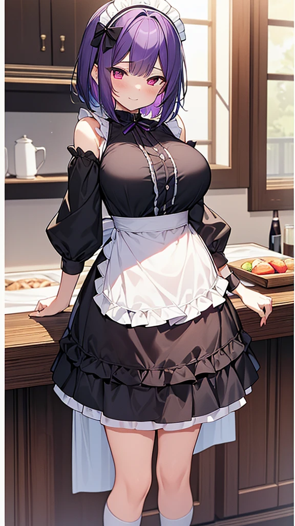 最high quality, high quality, Super detailed, 32k, Ultra-detailed details, {{The succubus maid has the face of my sister}}, (オンリー, Standing, pretty girl, beautiful purple hair, short hair, Beautiful RED eyes, mature, Big Breasts, A light smile, Off-the-shoulder sleeveless Summer cute maid outfit, Summer casual maid clothes, Short skirt, Blue and white color striped underwear, Black knee socks, loafers, She&#39;s holding 大きく up her skirt with both hands to show her underwear, 18-year-old,cute), A maid who moves her body vigorously without caring if her breasts bounce, Super detailed, indoor, maid Cafe, Full body image, ((Head to Toe:1.3)), NSFW